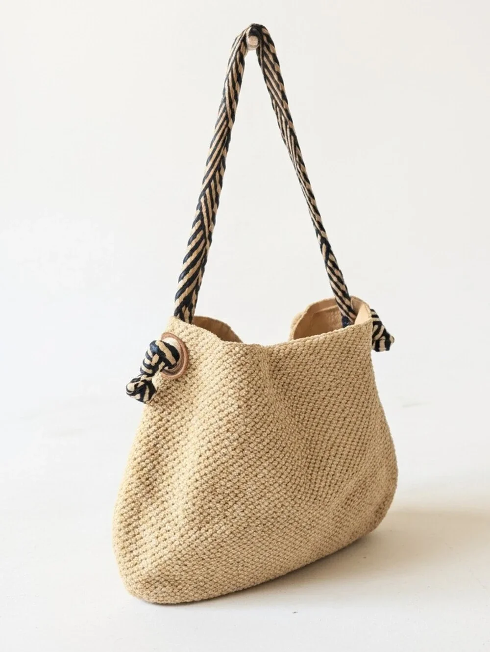 Sand Beach Natural Woven Purse Tote with Black-White Rope Straps